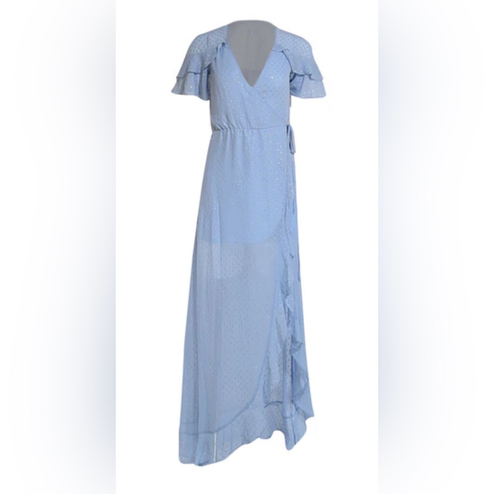 For Love & Lemons x Jamie King pale blue wrap dress with metallic dots. Size S